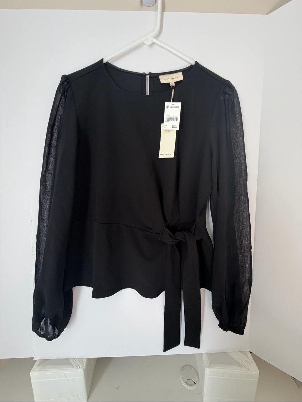 Versona Black Tie-Waist Sheer-Sleeve Blouse